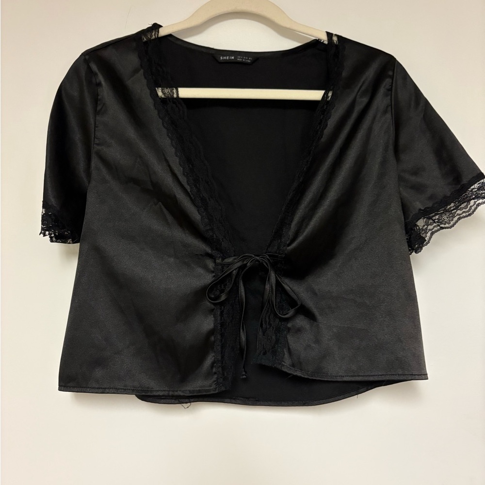 SHEIN Black Open Front Tie Crop Top M Satin